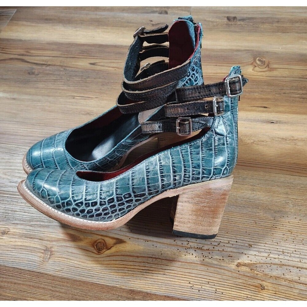 Freebird by Steven Womens Blue Randi Triple Strap Leather Pumps Sz 9 Block Heel - Picture 2 of 8